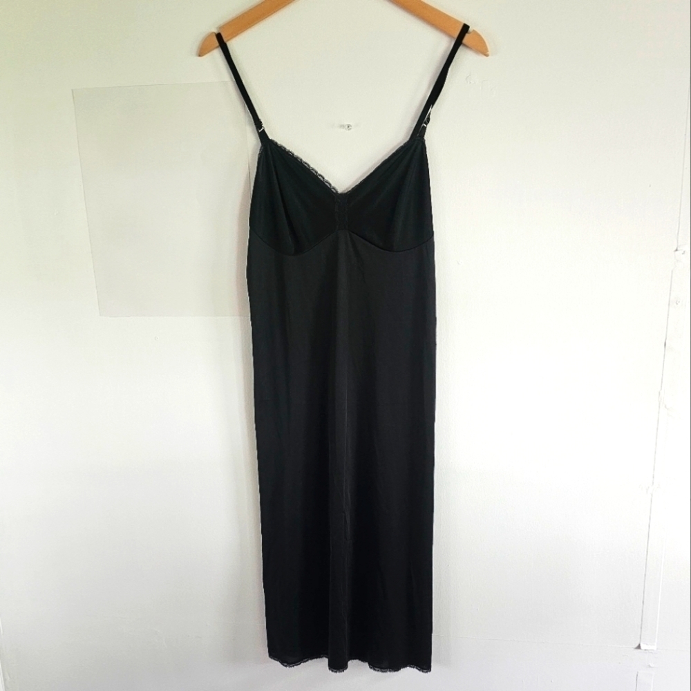 Vintage Vanity Fair Lace Trim Black Slip Midi Dress Women's Size 34 L